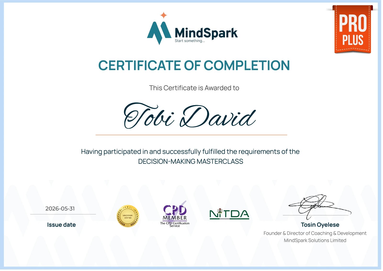 A MindSpark Certificate of Completion for the Decision-Making Masterclass, awarded to Tobi David
