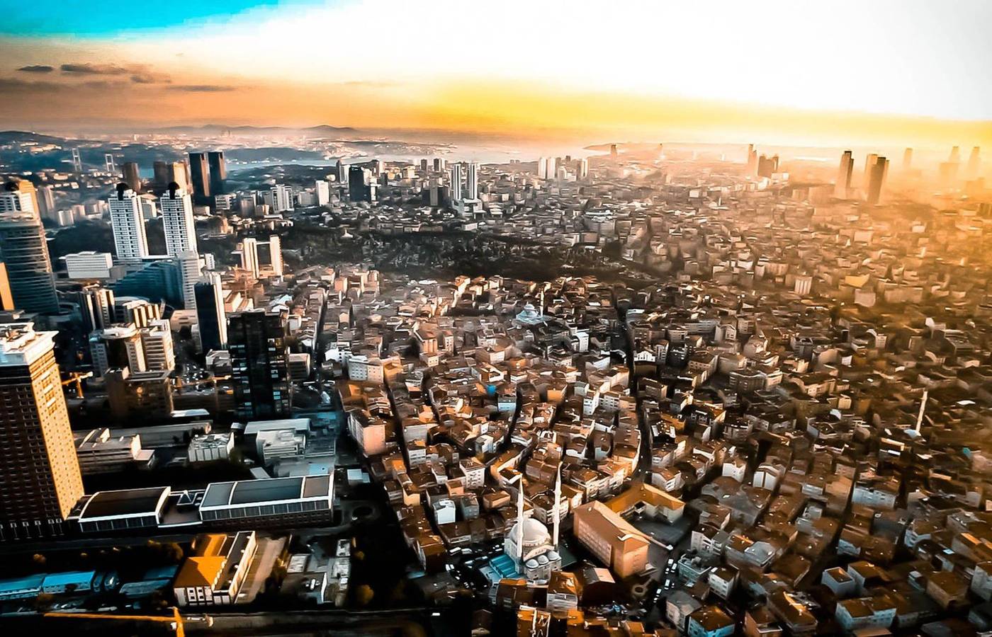 A city skyline at sunset