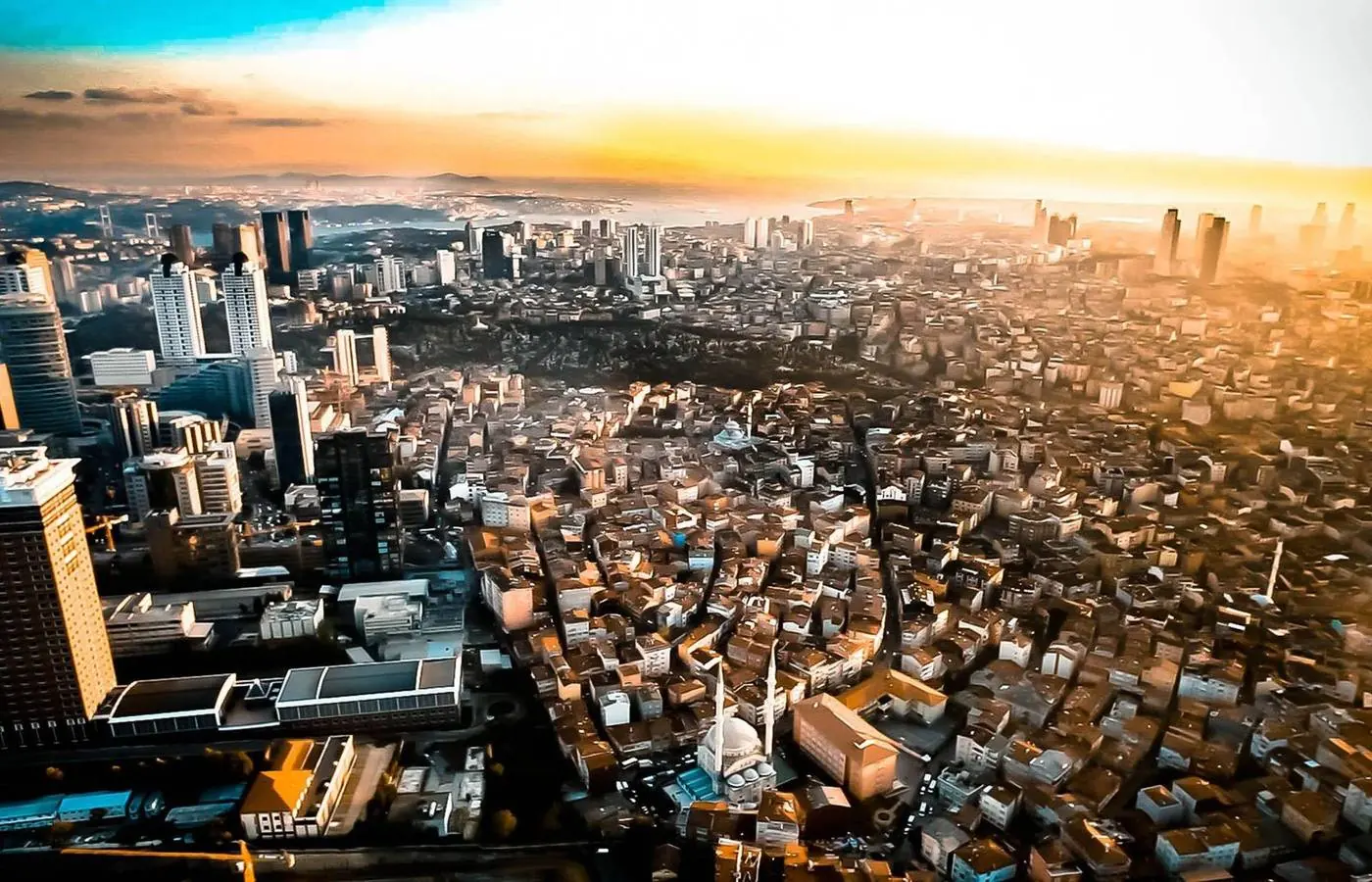 A city skyline at sunset